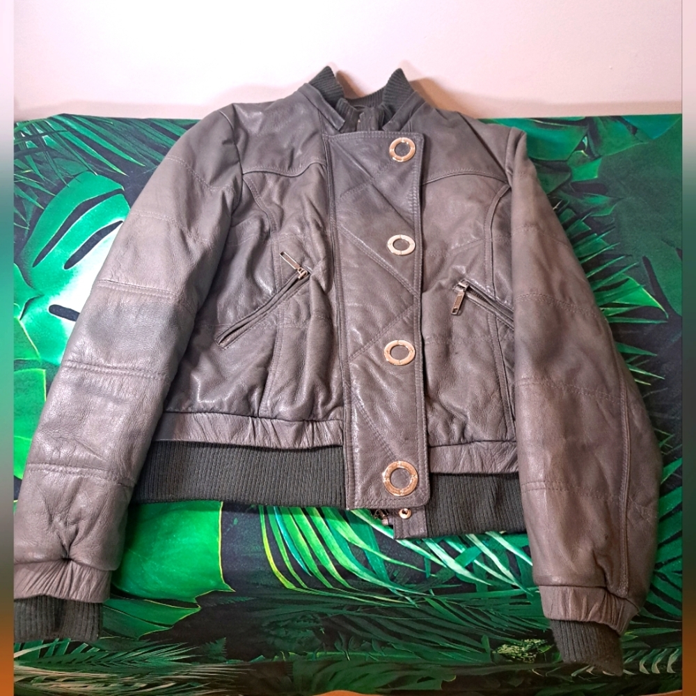 Grey leather bomber style jacket